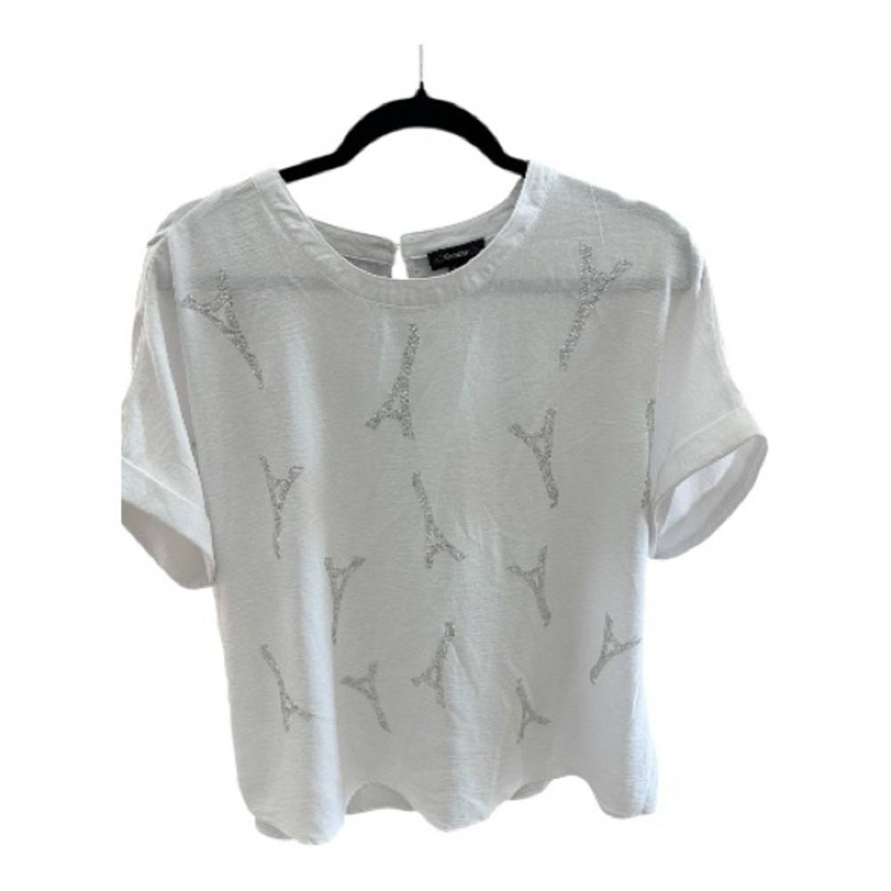 Cocomo White Top with Silver Eiffel Tower Print Size XL – Casual Chic Tee